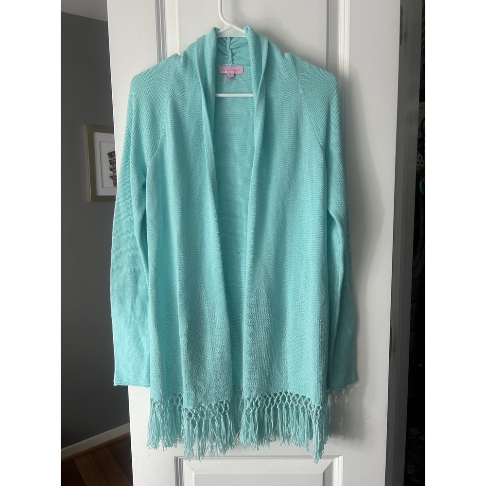 Lilly Pulitzer Tatum Fringe Hem Long Cardigan Open Front Teal Size Small Sweater